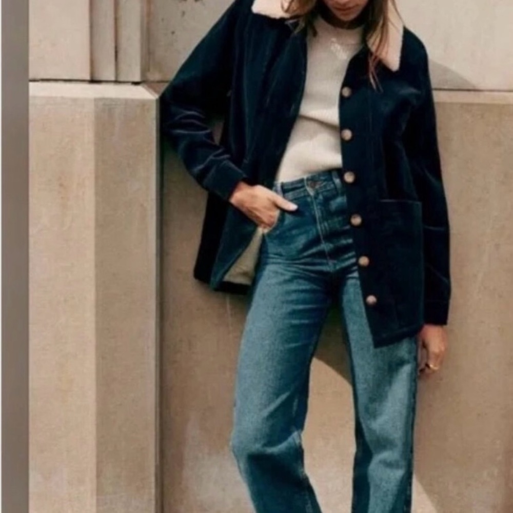 Sezane Serge Trousers, high rise medium wash bootcut jeans